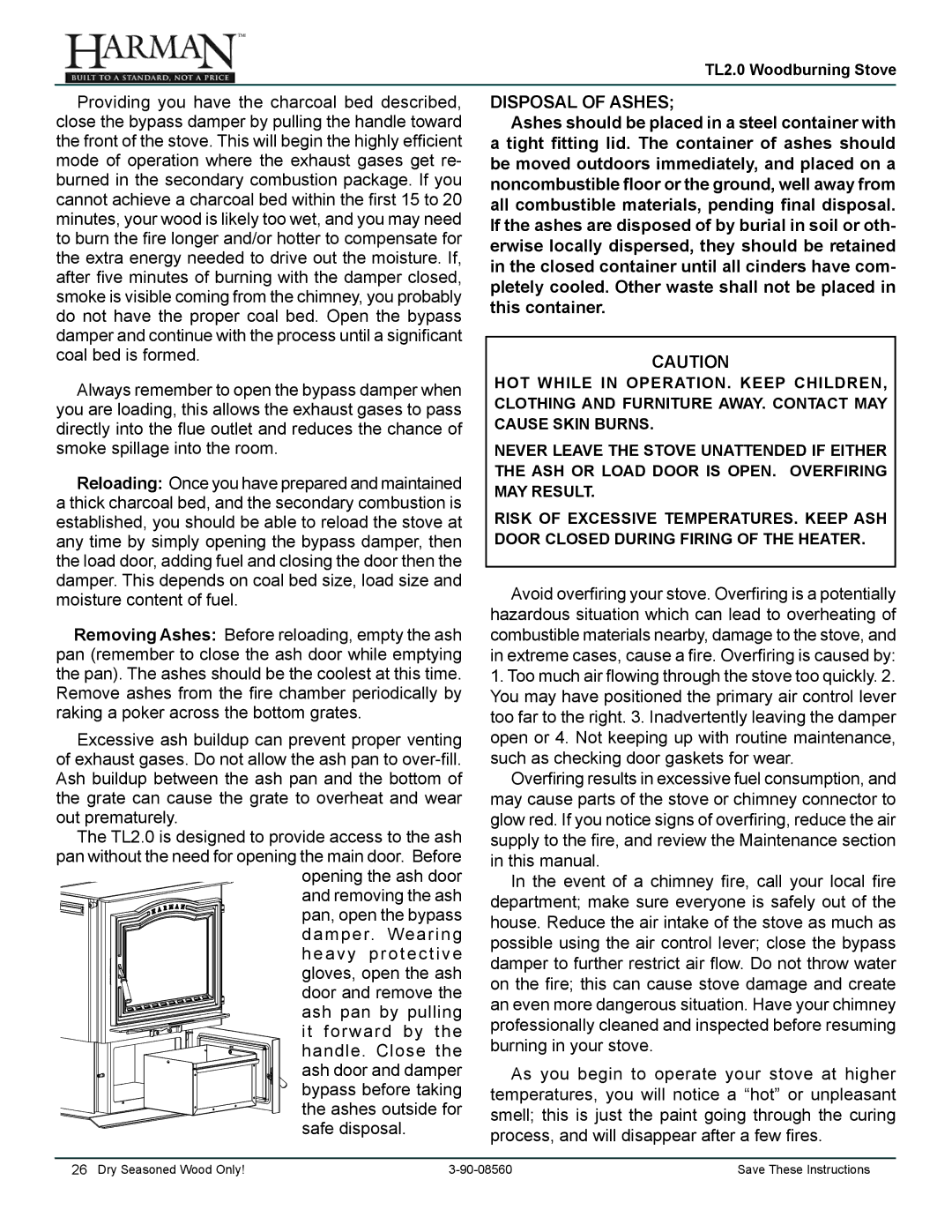 Harman Stove Company TL2.0 manual Disposal of Ashes 