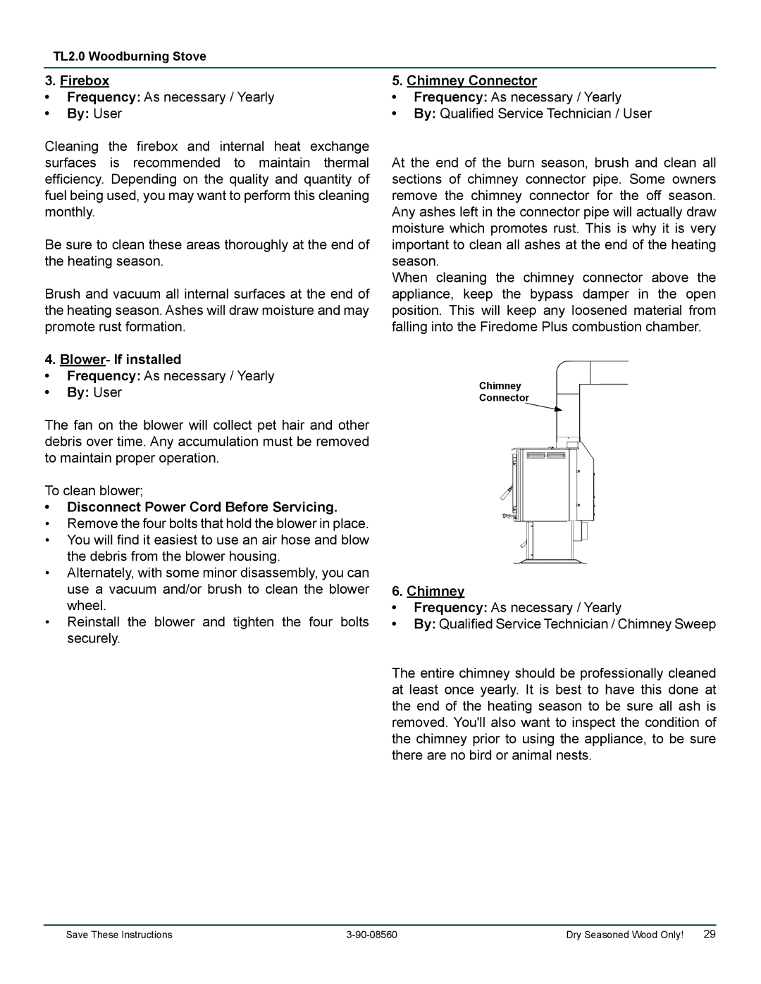 Harman Stove Company TL2.0 manual Firebox, Blower- If installed, Disconnect Power Cord Before Servicing, Chimney 