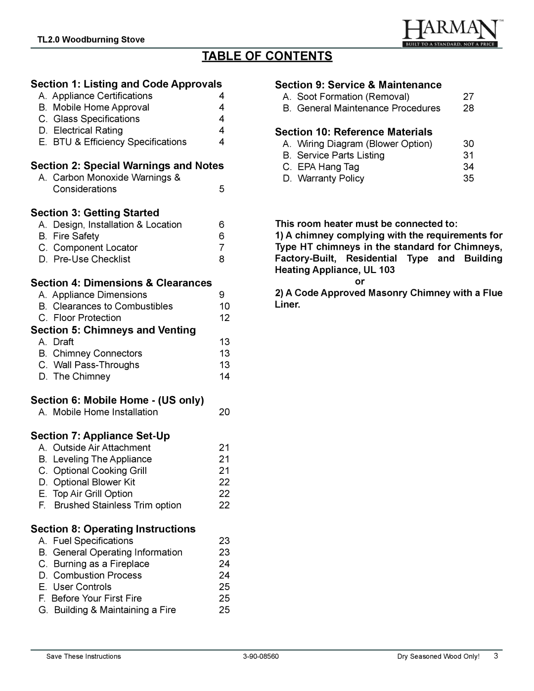 Harman Stove Company TL2.0 manual Table of Contents 