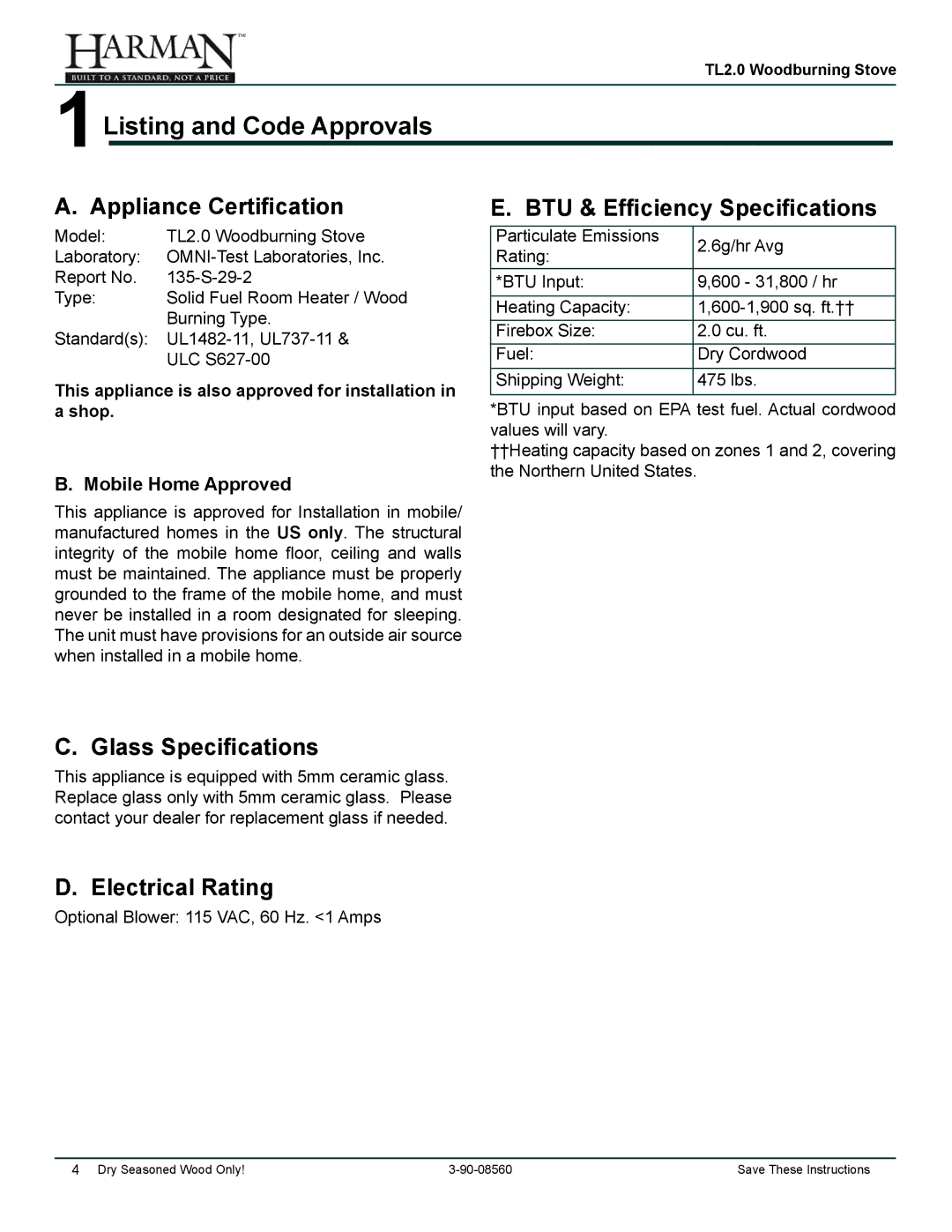 Harman Stove Company TL2.0 manual 1Listing and Code Approvals, Mobile Home Approved 