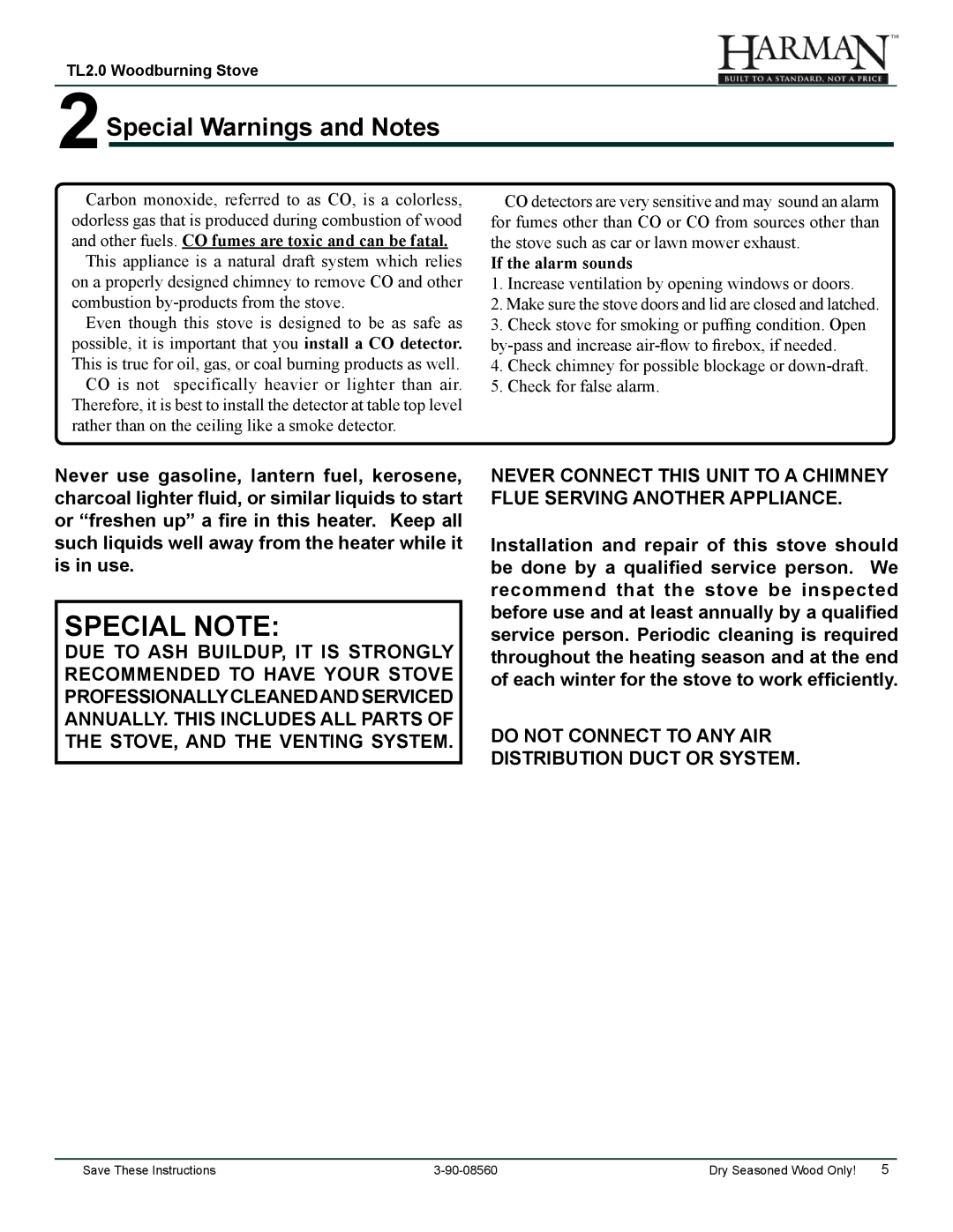 Harman Stove Company TL2.0 manual 2Special Warnings and Notes, If the alarm sounds 