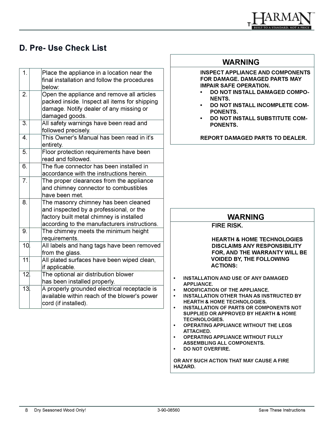 Harman Stove Company TL2.0 manual Pre- Use Check List, Fire Risk 