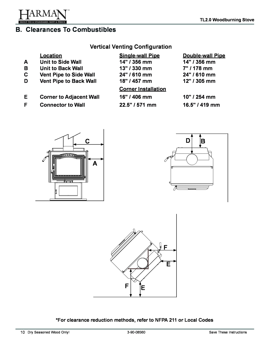 Harman Stove Company TL2.0 manual B. Clearances To Combustibles, Vertical Venting Configuration 