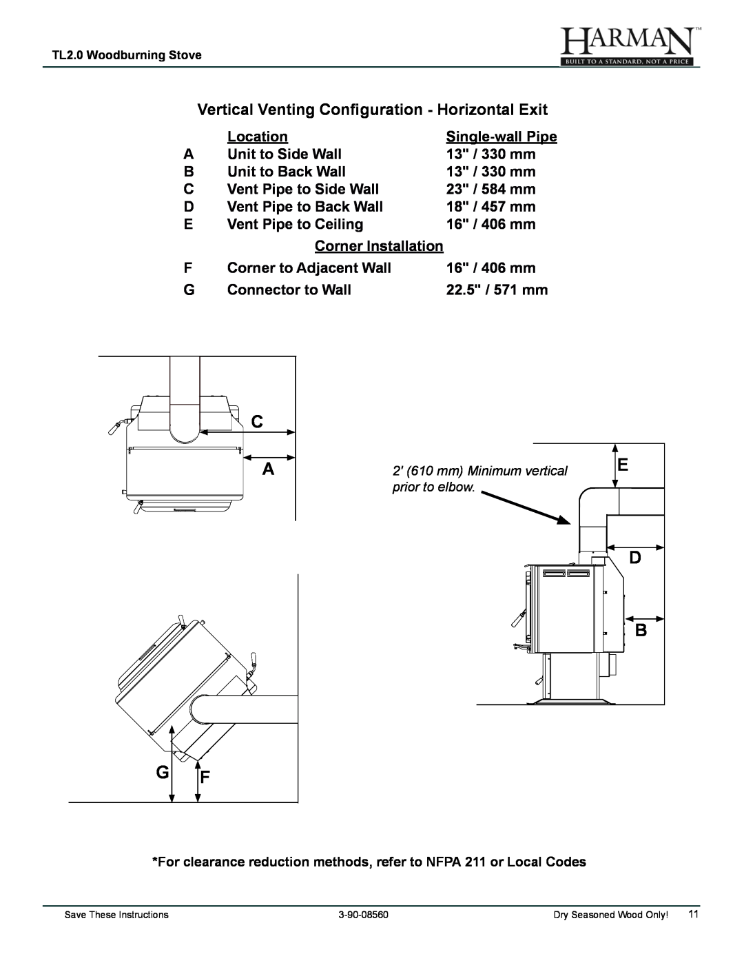 Harman Stove Company TL2.0 manual E D B, Vertical Venting Configuration - Horizontal Exit 