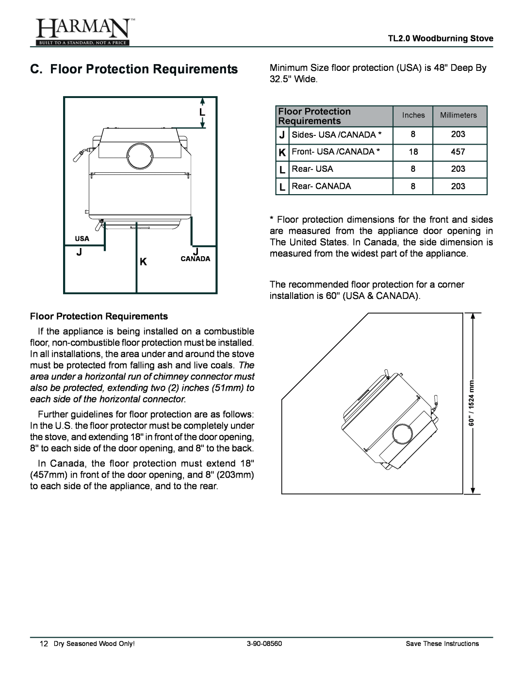 Harman Stove Company TL2.0 manual C. Floor Protection Requirements 
