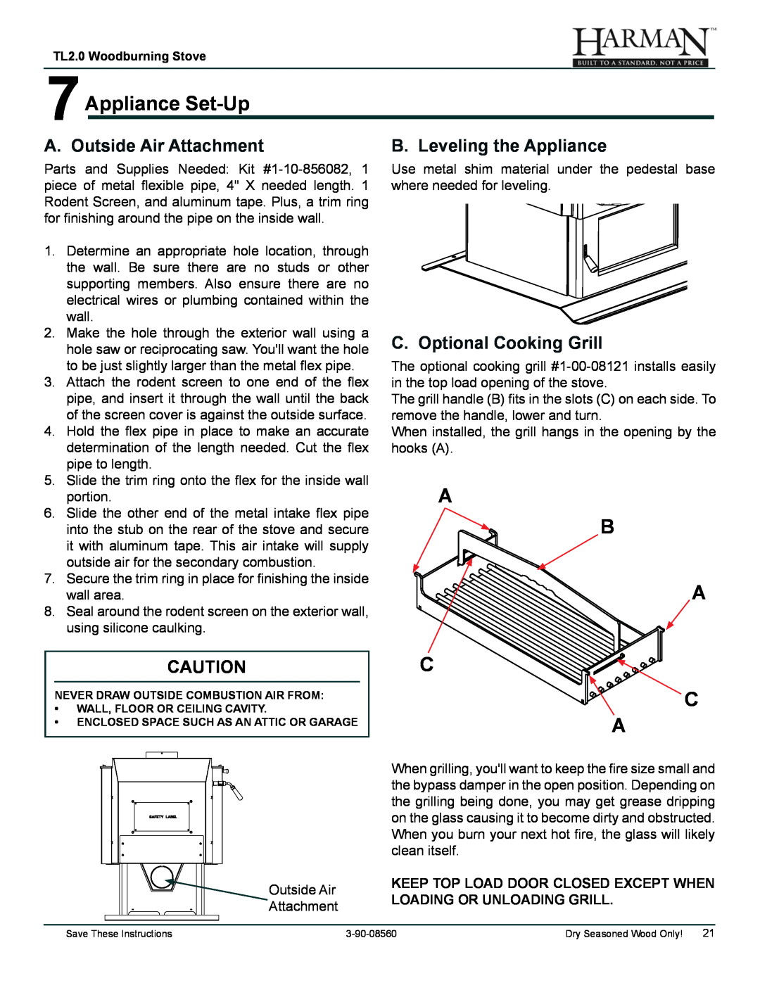 Harman Stove Company TL2.0 manual 7Appliance Set-Up, A B A, C C A, A. Outside Air Attachment, B. Leveling the Appliance 