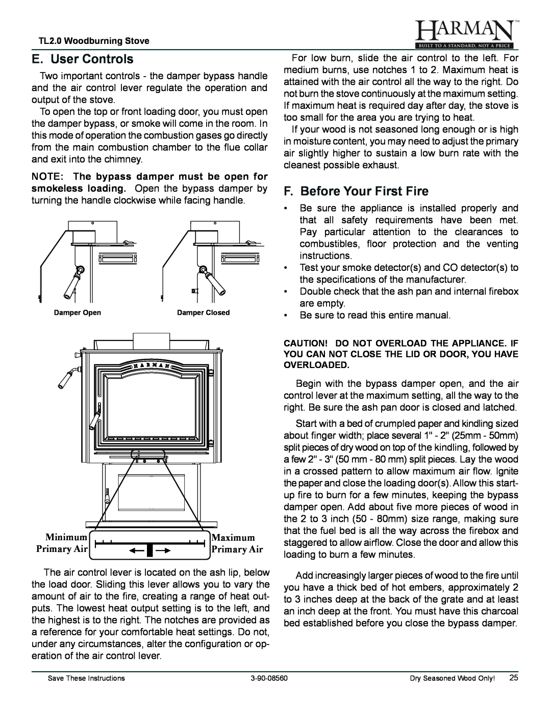 Harman Stove Company TL2.0 manual E. User Controls, F. Before Your First Fire, Minimum, Maximum, Primary Air 