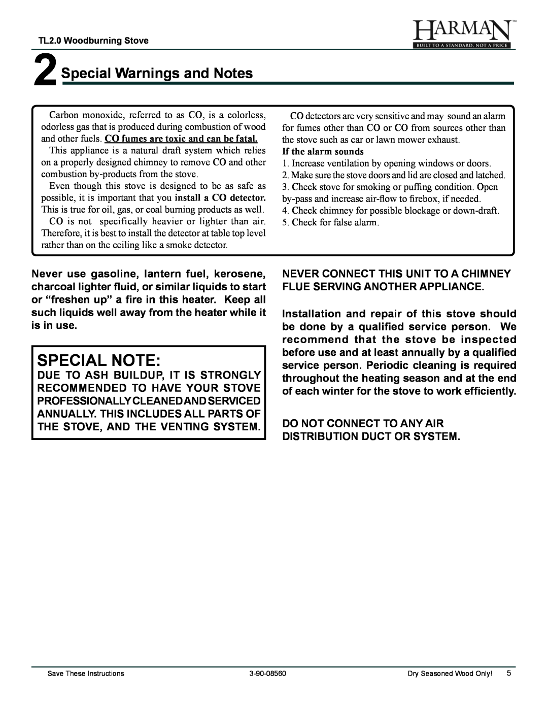 Harman Stove Company TL2.0 manual Special Note, 2Special Warnings and Notes 