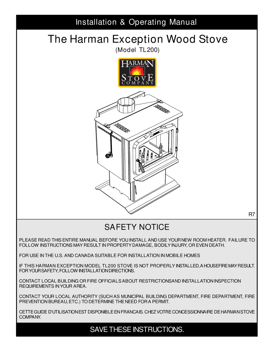 Harman Stove Company TL200 manual Harman Exception Wood Stove, Installation & Operating Manual 