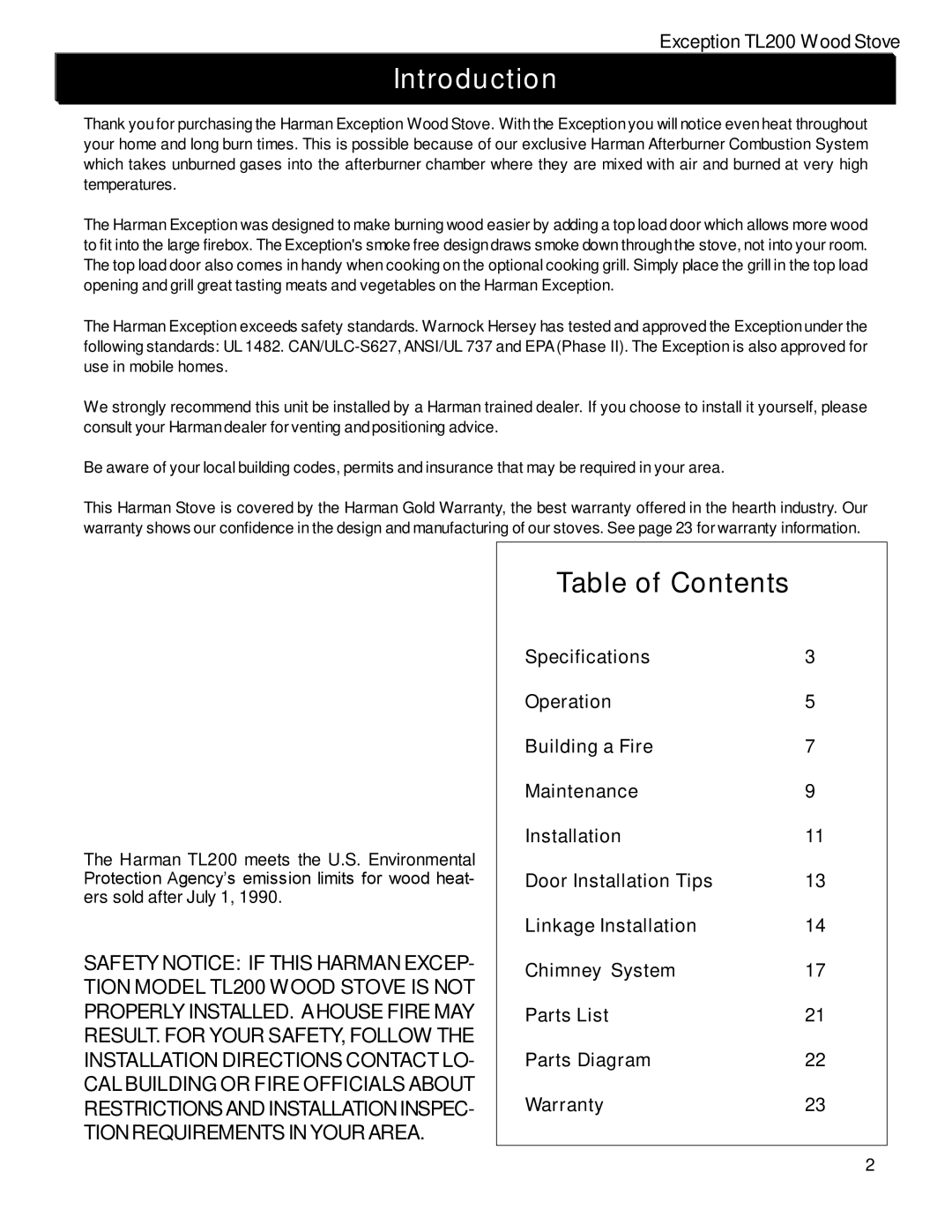 Harman Stove Company TL200 manual Introduction, Table of Contents 