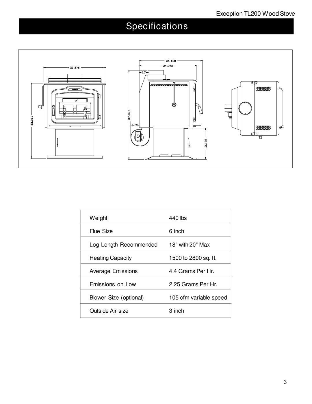 Harman Stove Company TL200 manual Specifications 