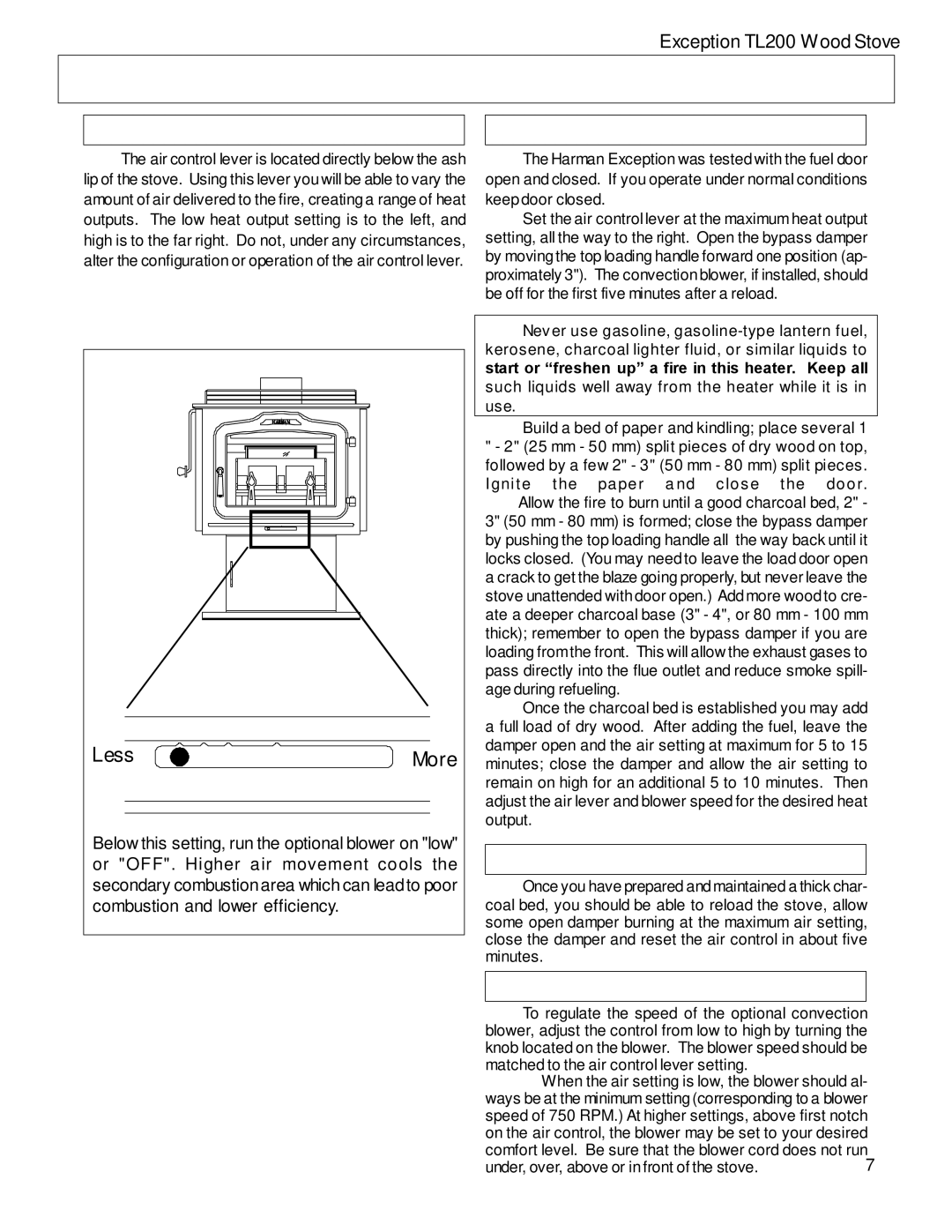 Harman Stove Company TL200 manual Air Control Building and Maintaining the Fire, Reloading, Blower 