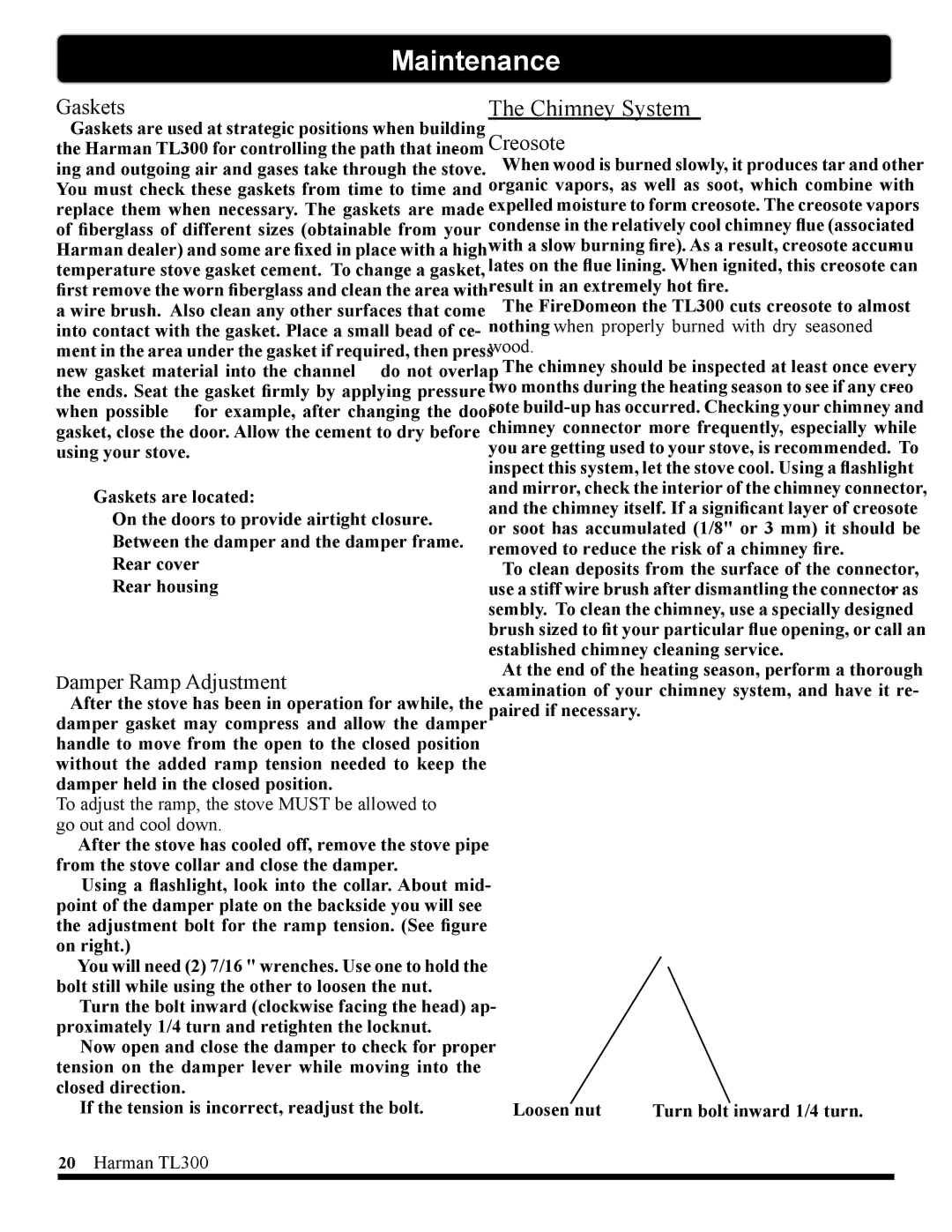 Harman Stove Company TL300 manual Chimney System, Gaskets, Damper Ramp Adjustment, Creosote 