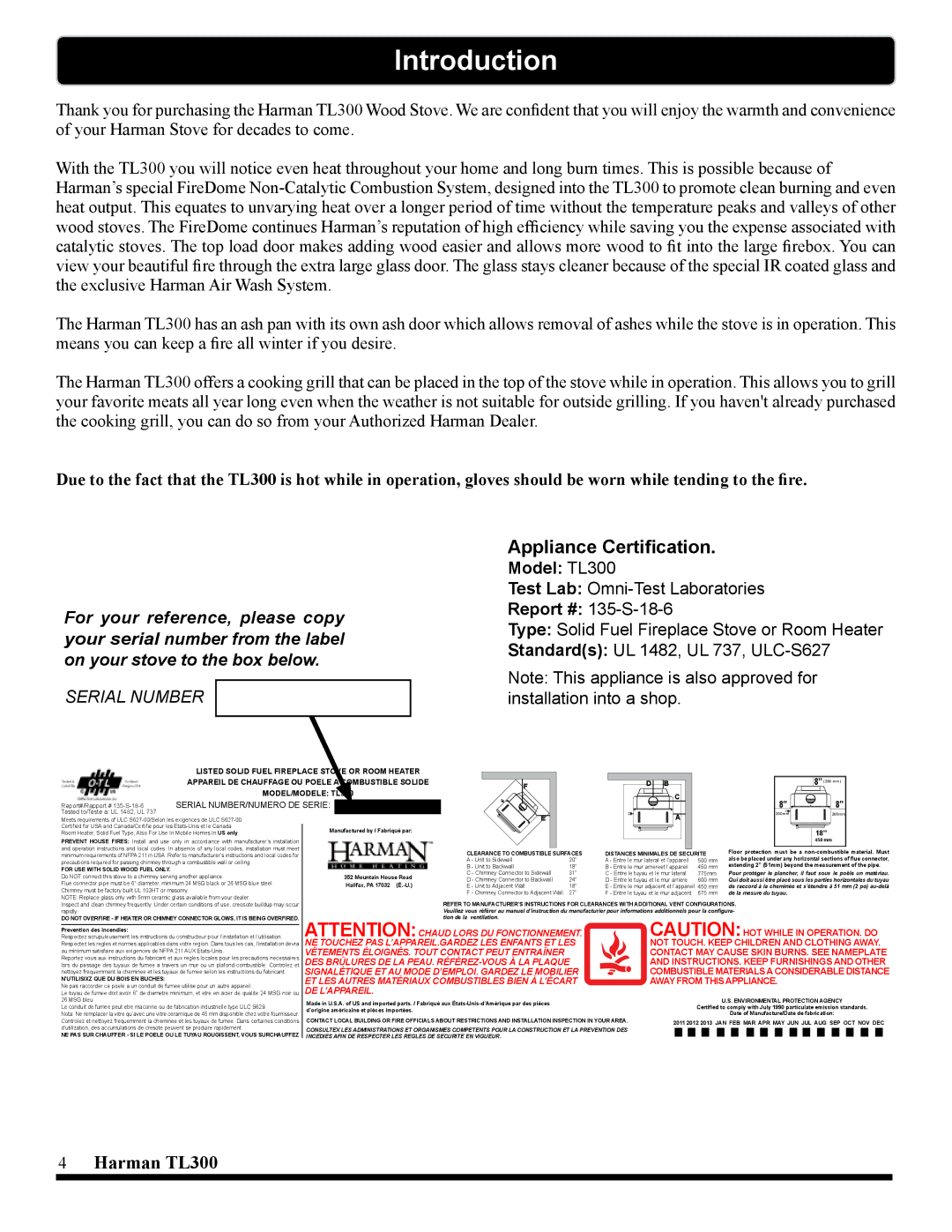 Harman Stove Company TL300 manual Introduction, Appliance Certification 