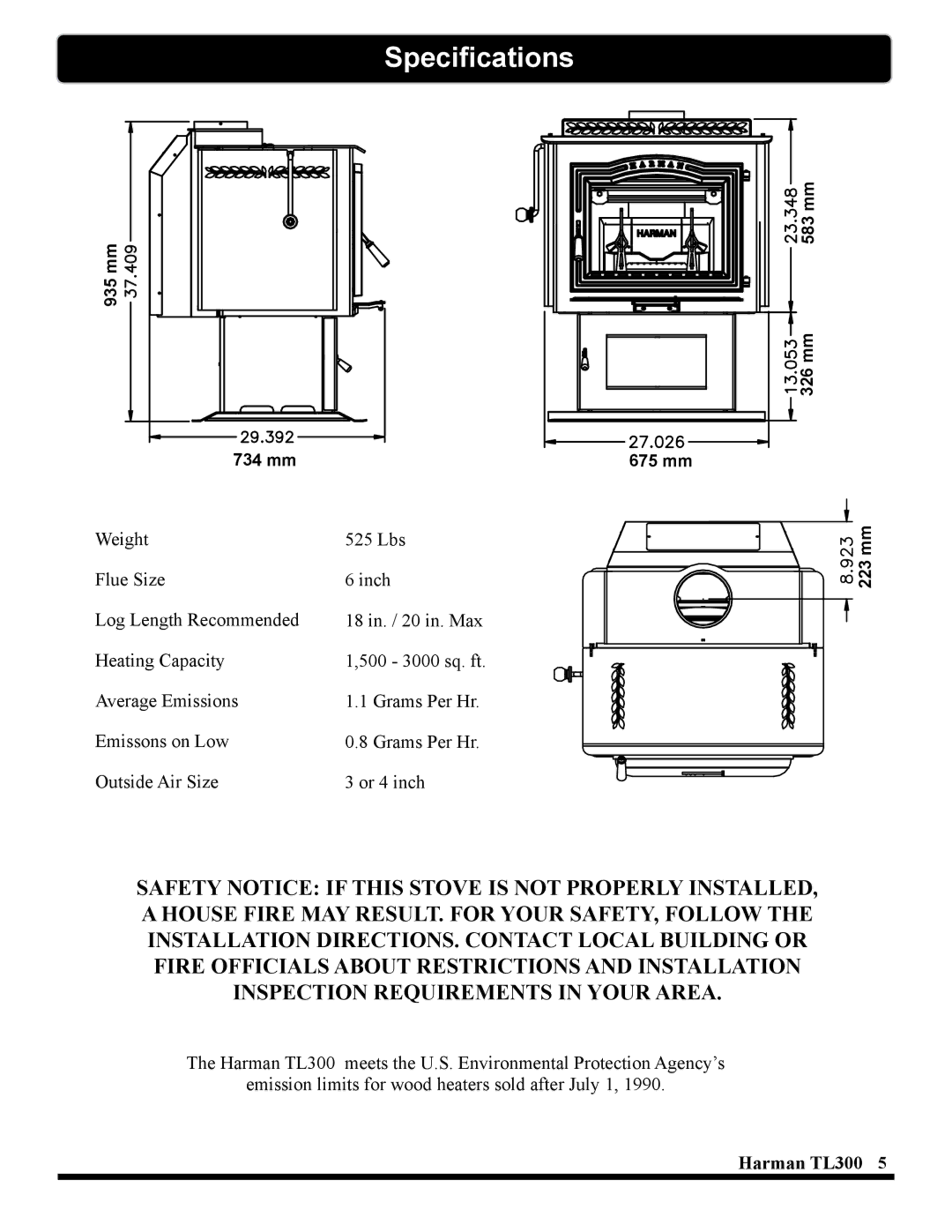 Harman Stove Company TL300 manual Specifications 