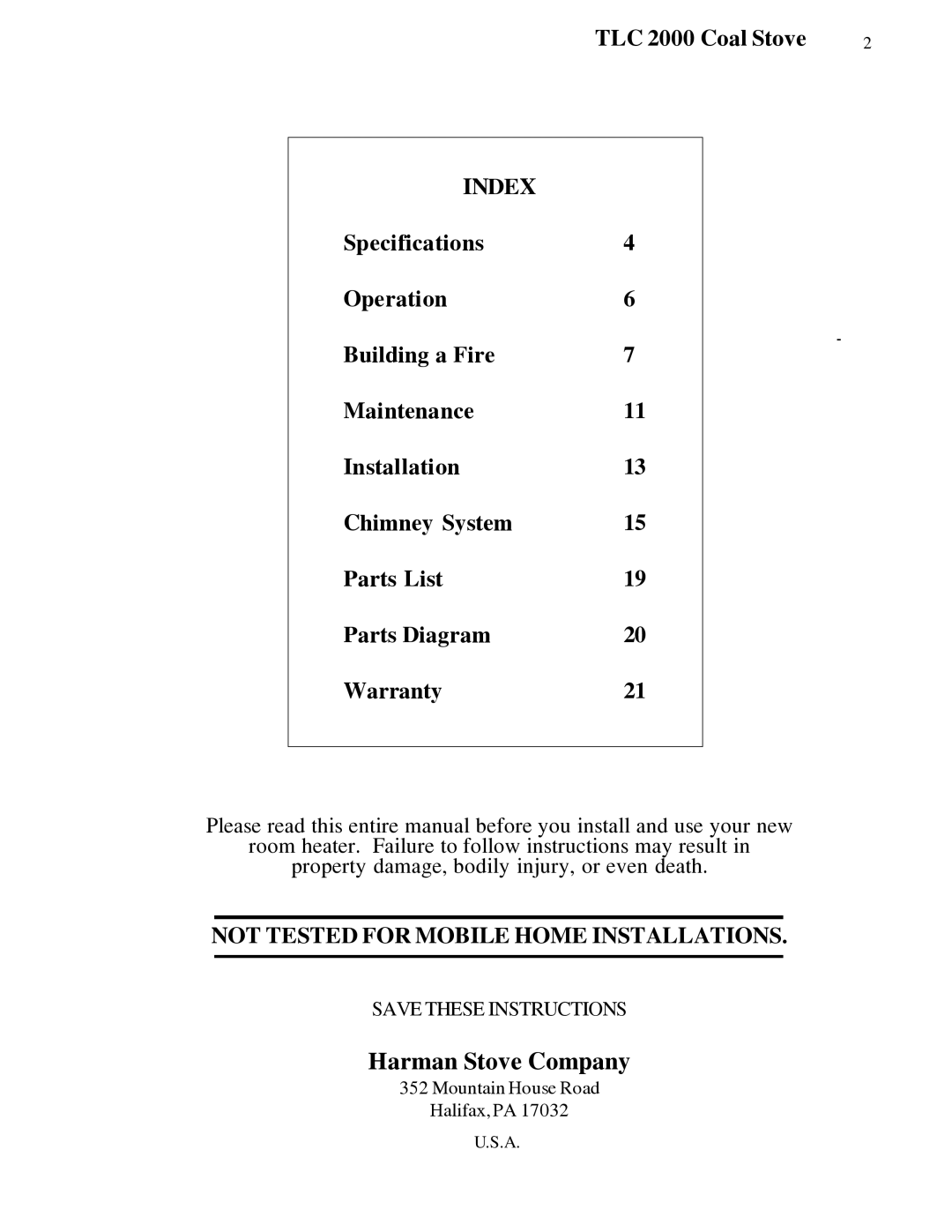 Harman Stove Company TLC 2000 Stove manual TLC 2000 Coal Stove, Index 