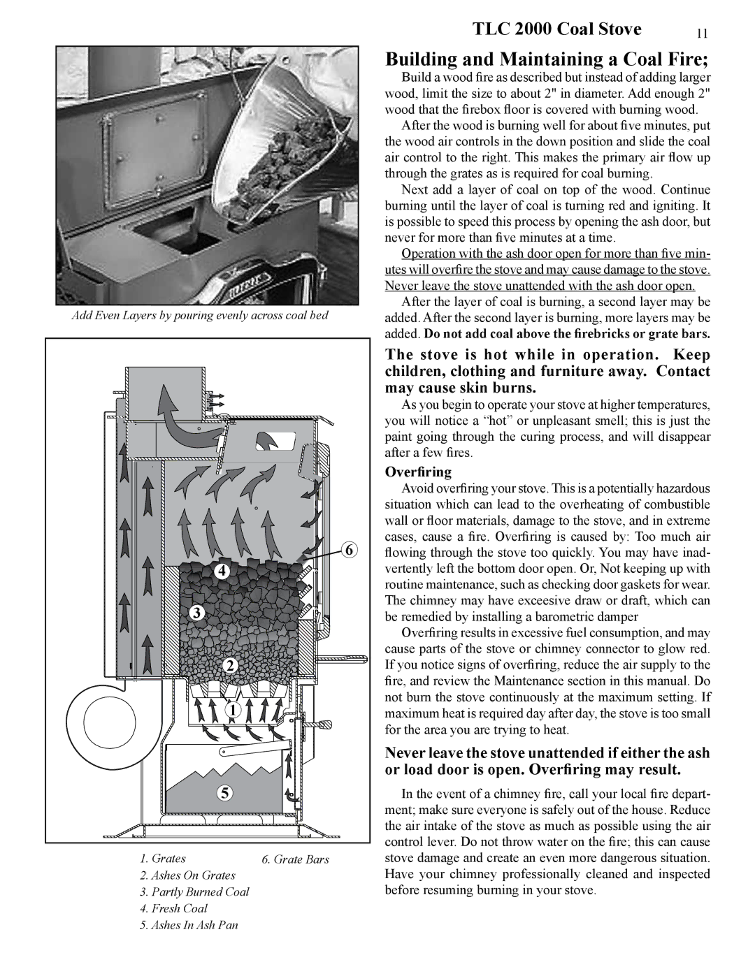 Harman Stove Company TLC 2000 manual Building and Maintaining a Coal Fire, Overfiring 