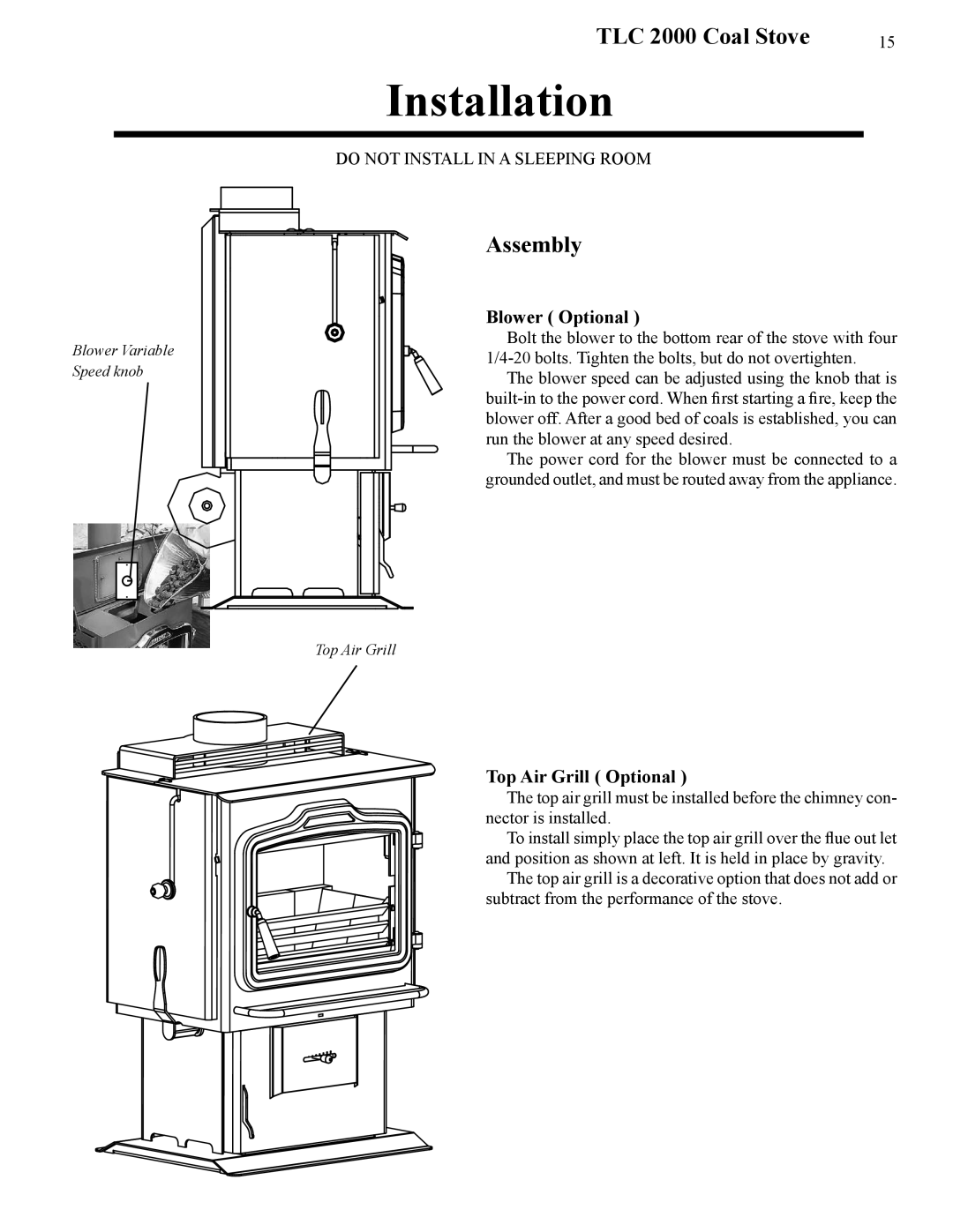 Harman Stove Company TLC 2000 manual Assembly, Blower Optional, Top Air Grill Optional 