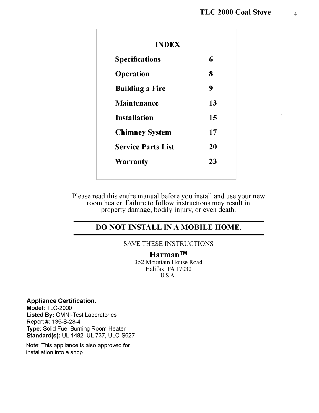 Harman Stove Company manual TLC 2000 Coal Stove, Index 