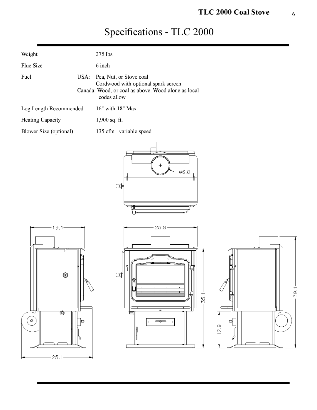 Harman Stove Company TLC 2000 manual Specifications TLC 