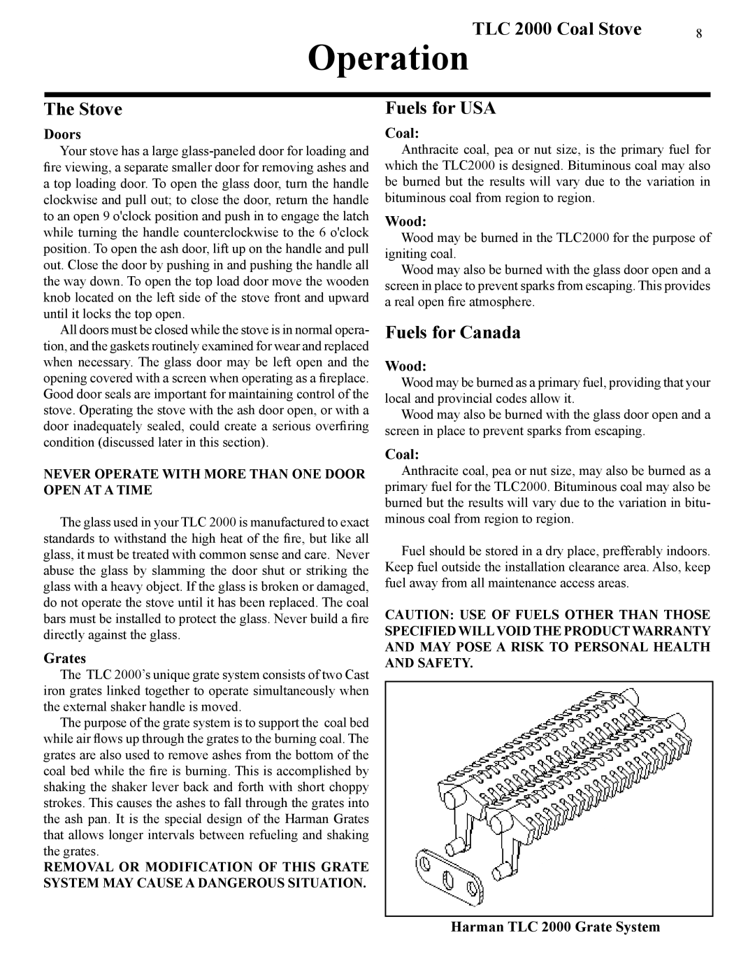 Harman Stove Company manual TLC 2000 Coal Stove Fuels for USA, Fuels for Canada 