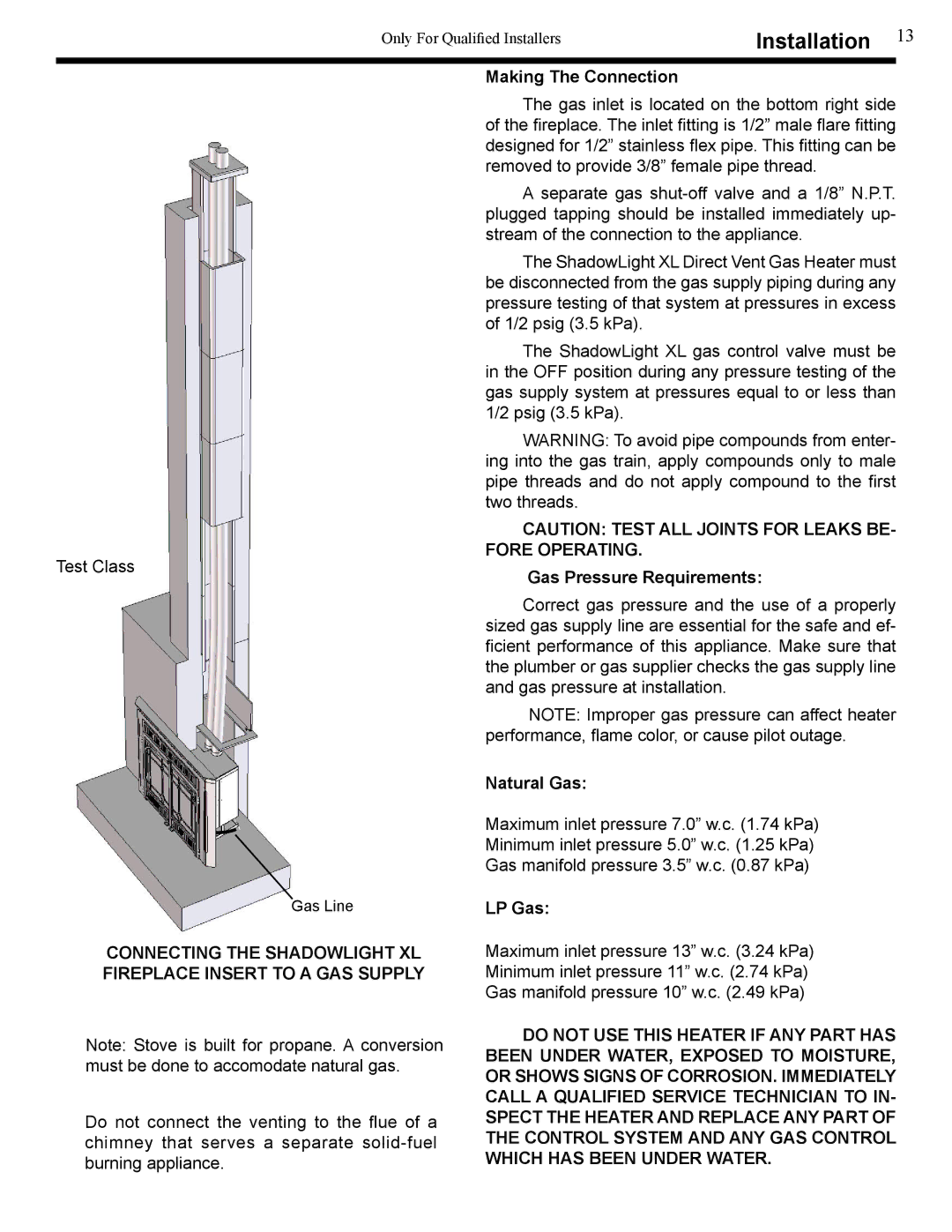 Harman Stove Company XL owner manual Making The Connection, Gas Pressure Requirements, Natural Gas, LP Gas 