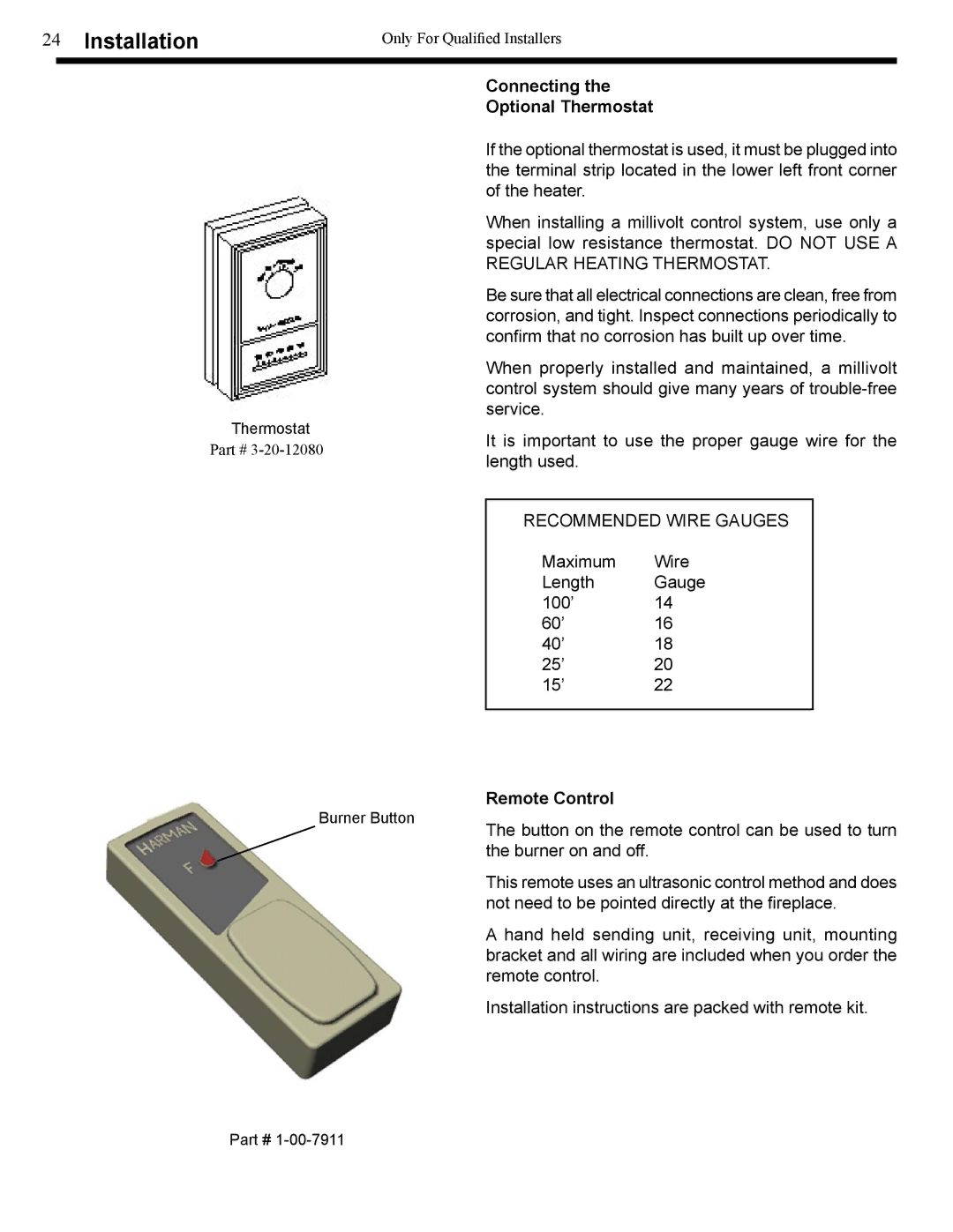 Harman Stove Company XL owner manual Connecting Optional Thermostat, Remote Control 