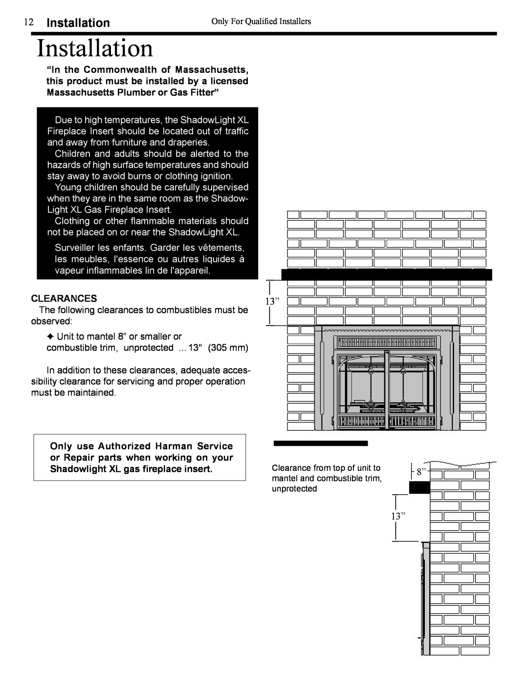 Harman Stove Company XL owner manual 12Installation, 8” 13”, Clearances 