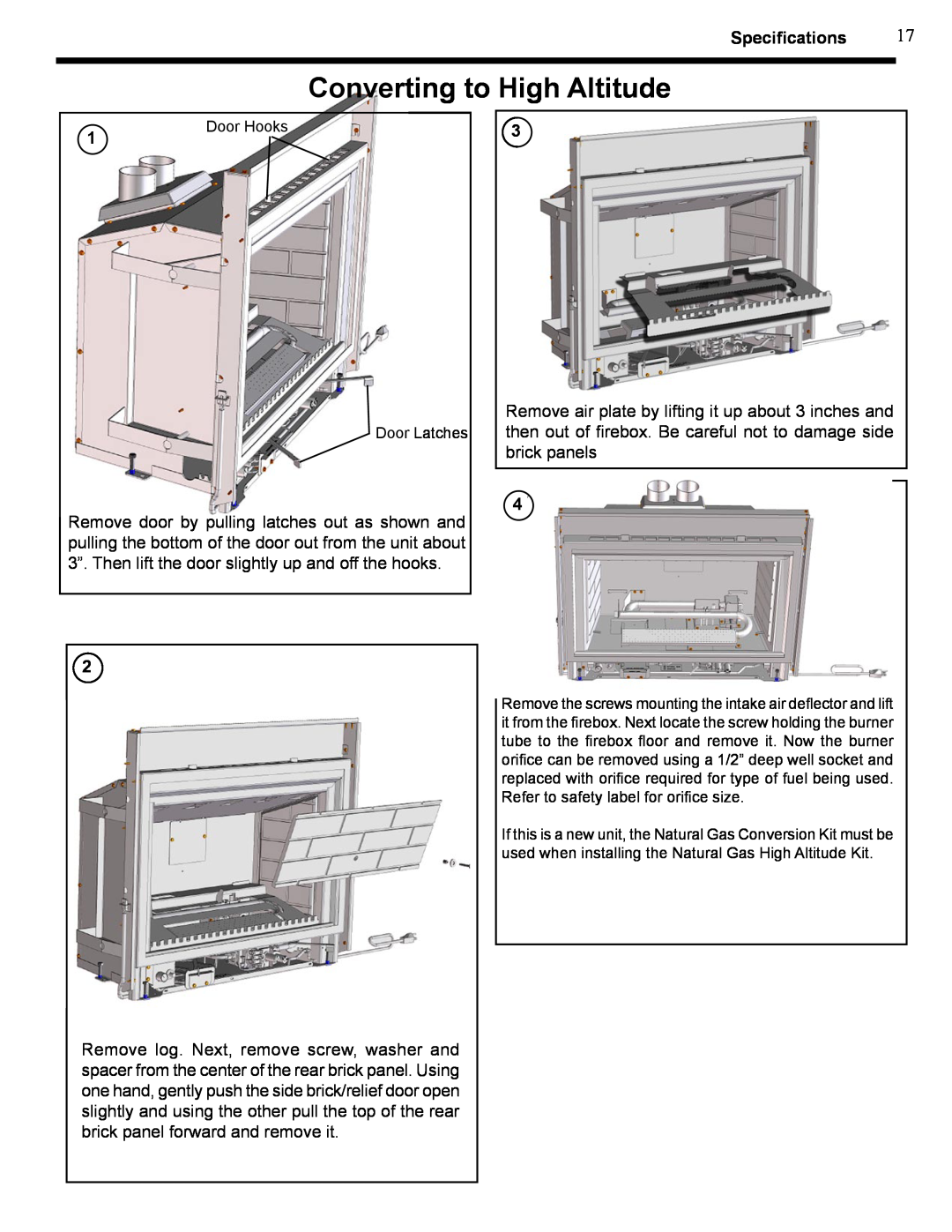 Harman Stove Company XL owner manual Converting to High Altitude, Speciﬁcations 