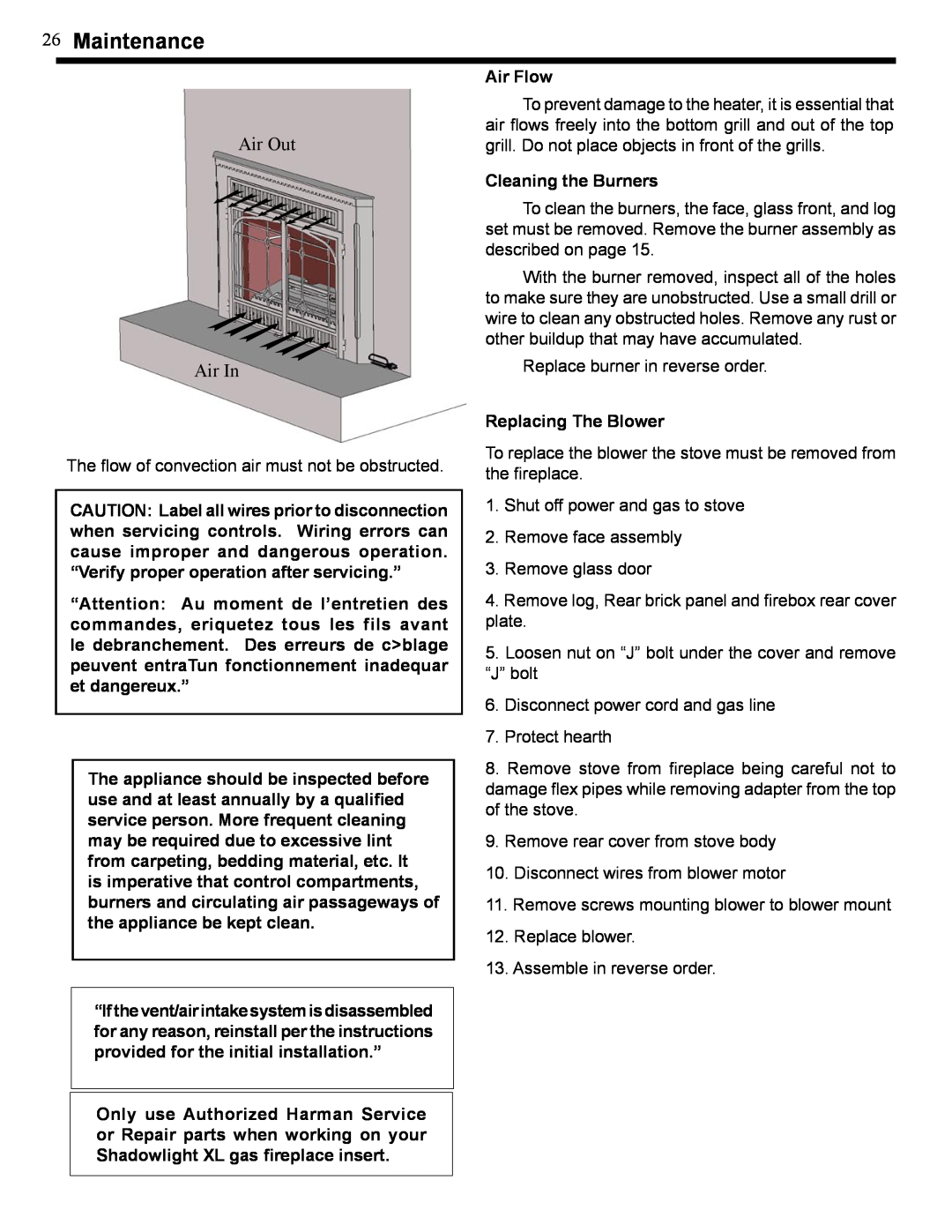 Harman Stove Company XL owner manual 26Maintenance, Air Out Air In, Air Flow, Cleaning the Burners, Replacing The Blower 