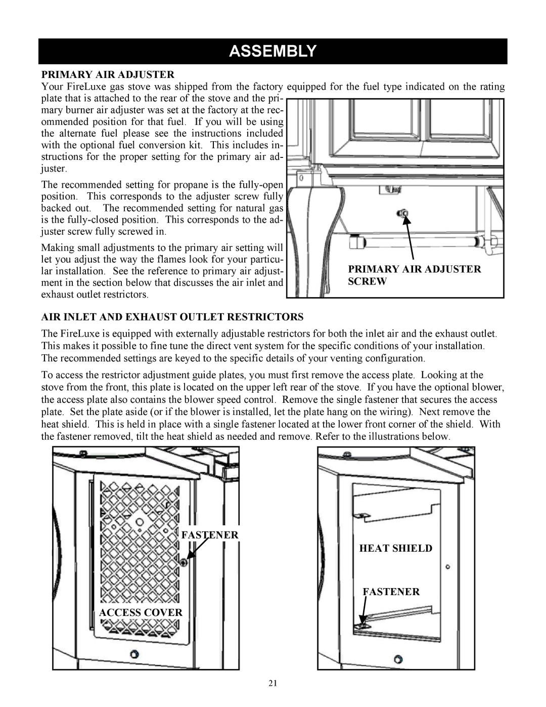 Harman Stove Company FireLuxe Direct Vent Gas Stove With Top Cooking Burner System manual Primary AIR Adjuster 