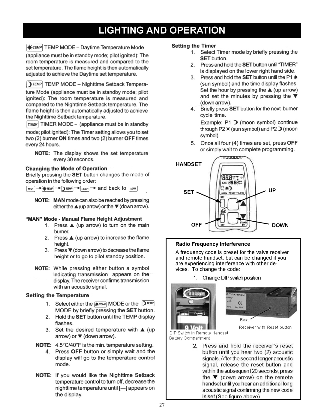 Harman Stove Company FireLuxe Direct Vent Gas Stove With Top Cooking Burner System manual Handset SET OFF Down 