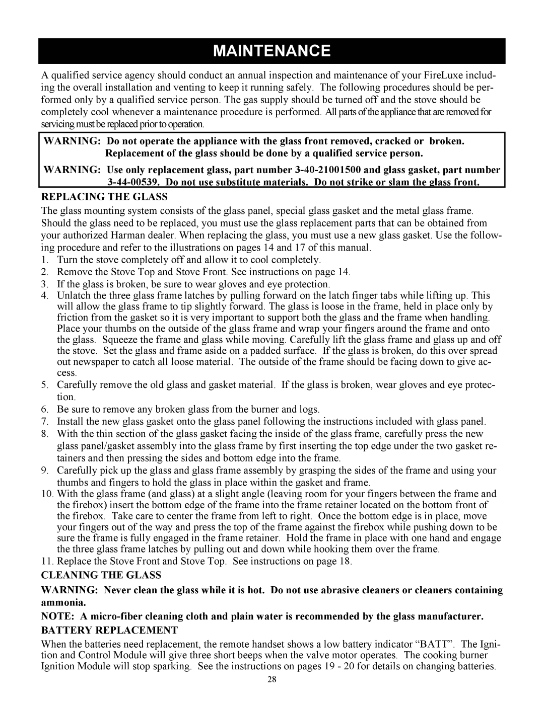 Harman Stove Company FireLuxe Direct Vent Gas Stove With Top Cooking Burner System manual Maintenance, Replacing the Glass 
