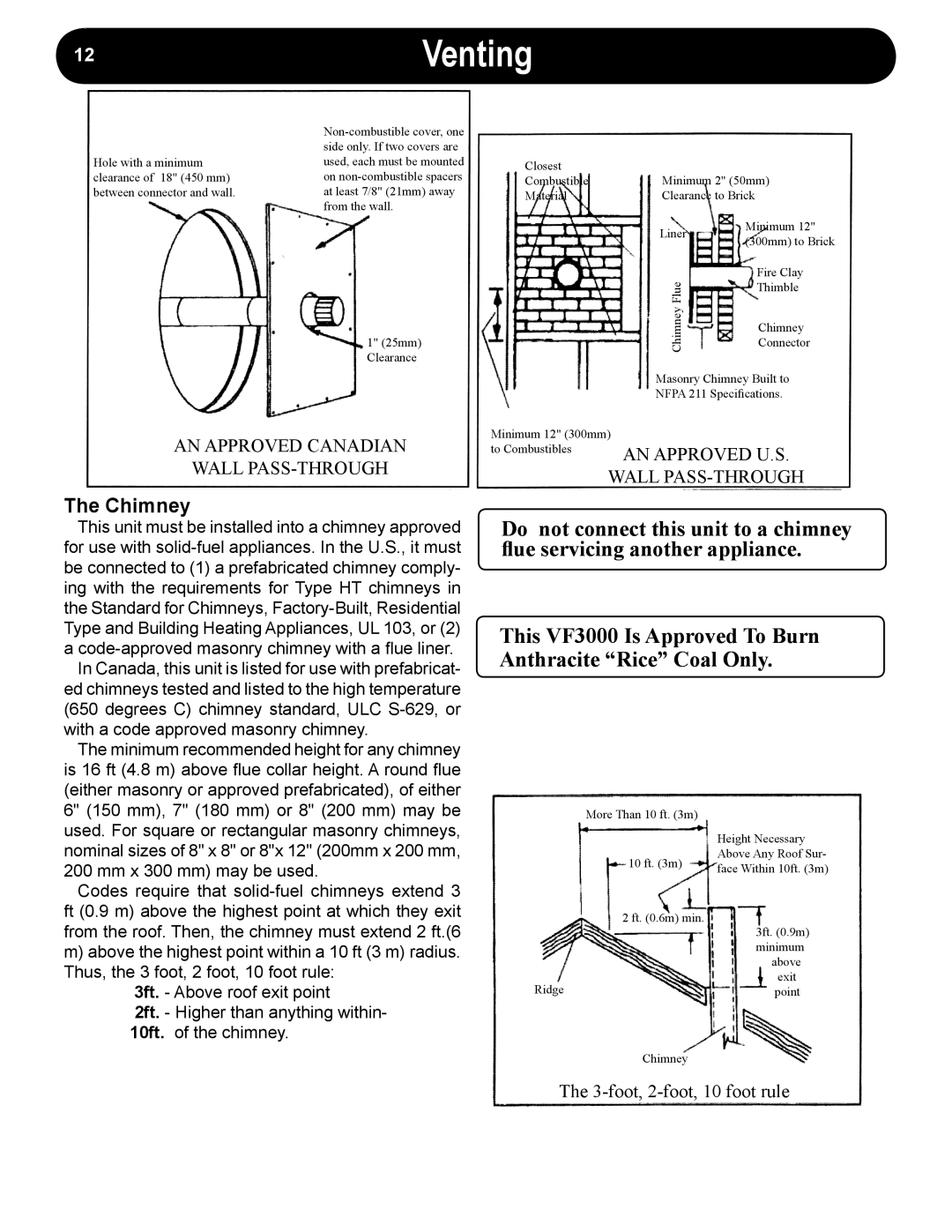 Harman VF3000 manual 12Venting, Chimney 