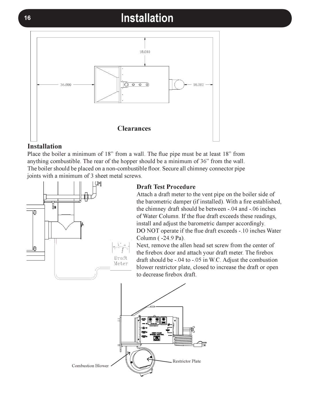 Harman VF3000 manual 16Installation, Clearances Installation 