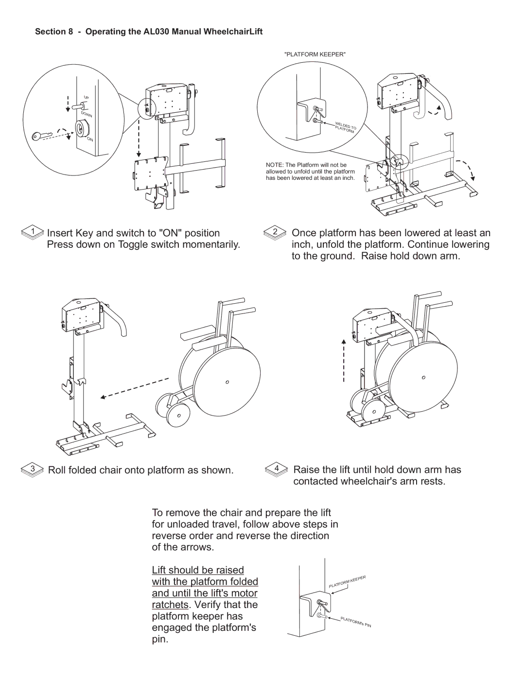 Harmar Mobility AL010 manual Operating the AL030 Manual WheelchairLift 