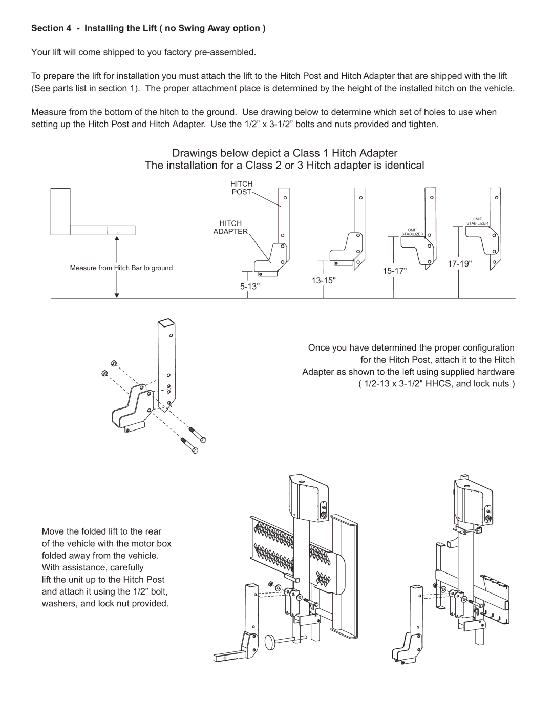 Harmar Mobility AL010, AL030 manual Installing the Lift no Swing Away option 