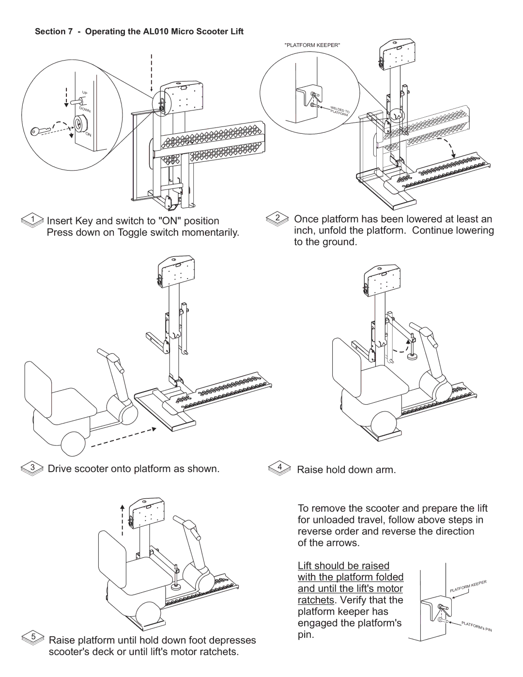 Harmar Mobility AL030 manual Operating the AL010 Micro Scooter Lift 