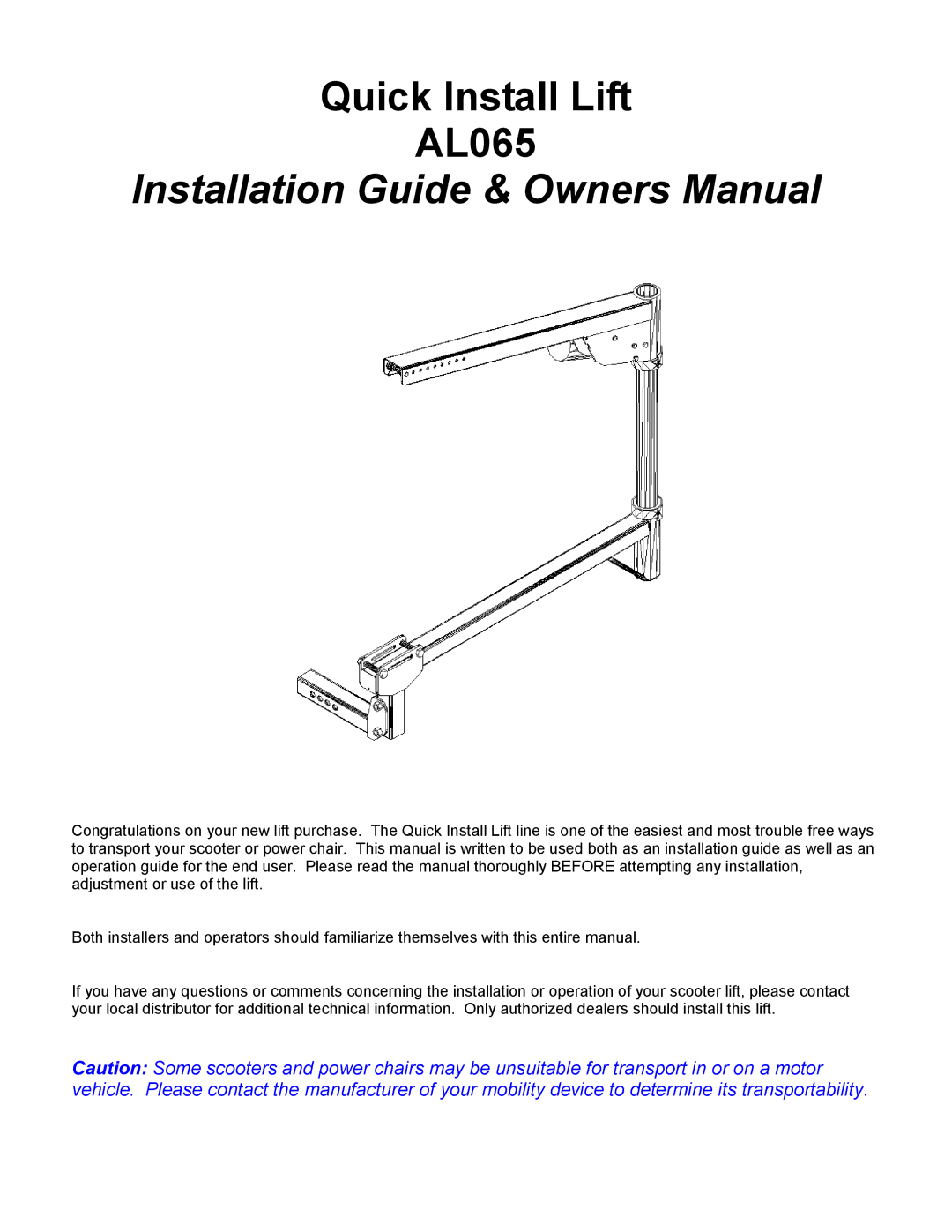 Harmar Mobility manual Quick Install Lift AL065 