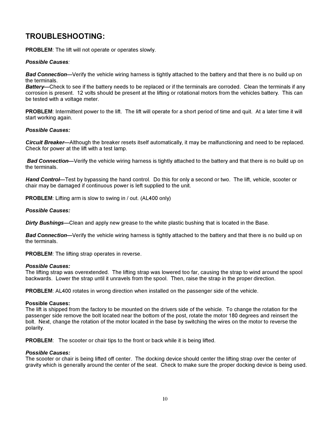 Harmar Mobility AL065 manual Troubleshooting 