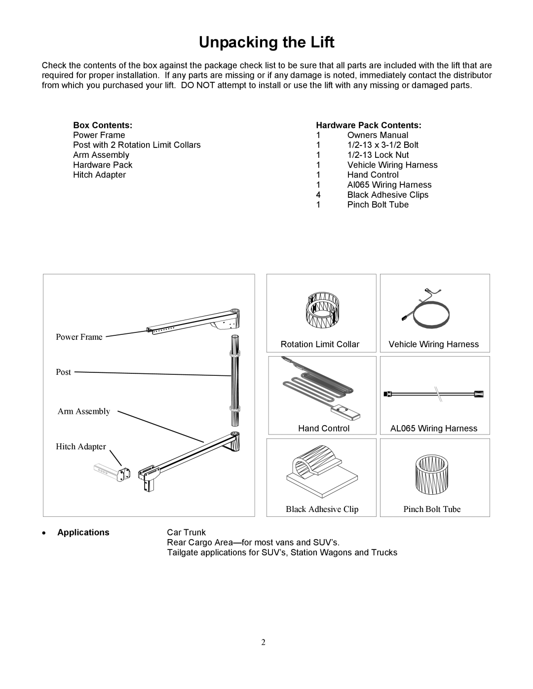 Harmar Mobility AL065 manual Unpacking the Lift, Box Contents Hardware Pack Contents 