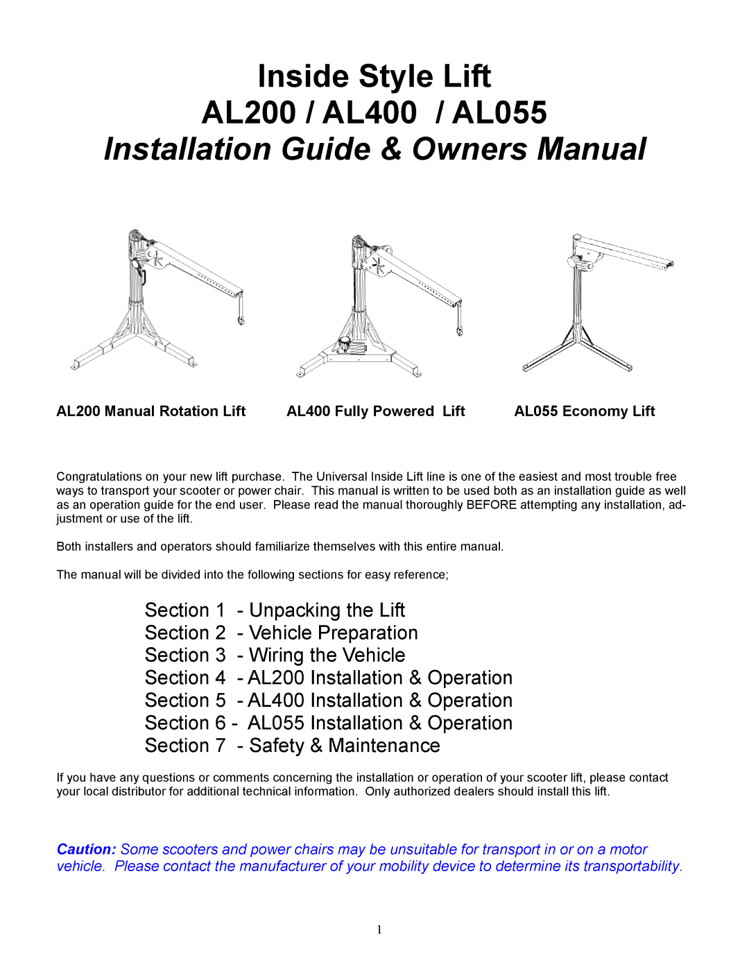 Harmar Mobility manual Inside Style Lift AL200 / AL400 / AL055 