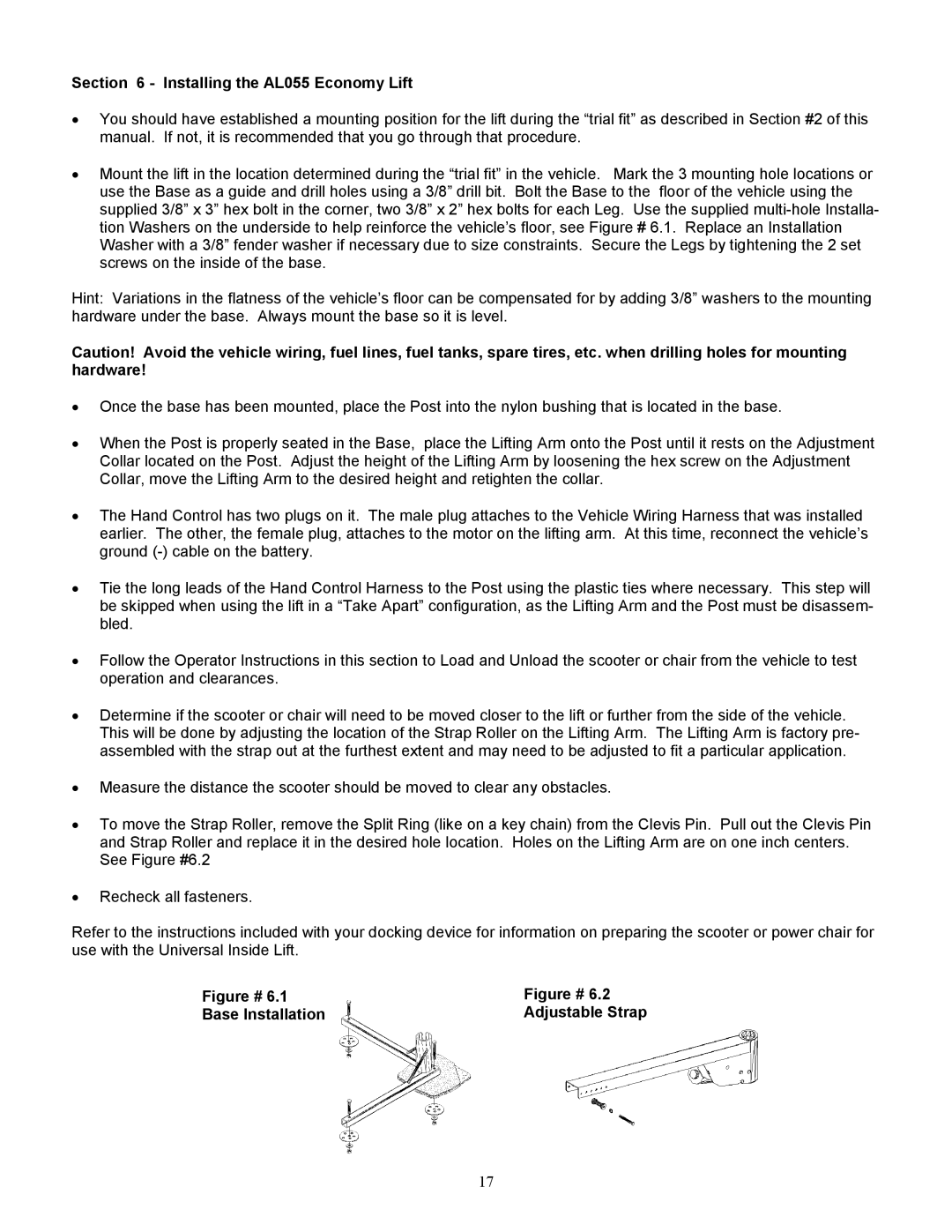 Harmar Mobility AL200, AL400 manual Installing the AL055 Economy Lift, Base Installation Adjustable Strap 