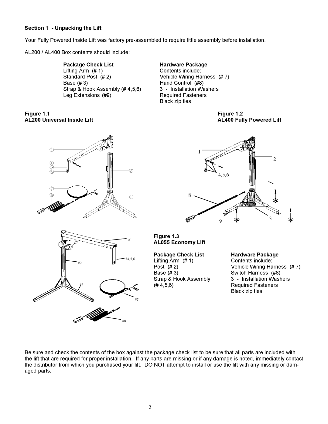 Harmar Mobility AL400, AL055 manual Unpacking the Lift, Package Check List, AL200 Universal Inside Lift, Hardware Package 