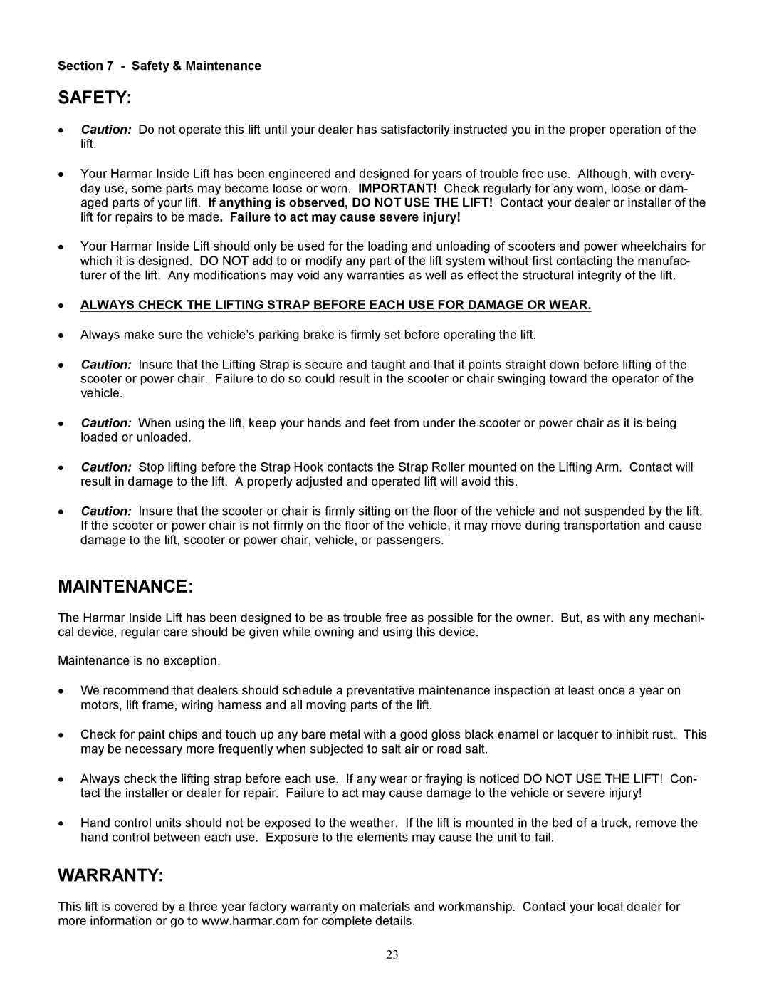 Harmar Mobility AL200, AL400, AL055 manual Safety & Maintenance 