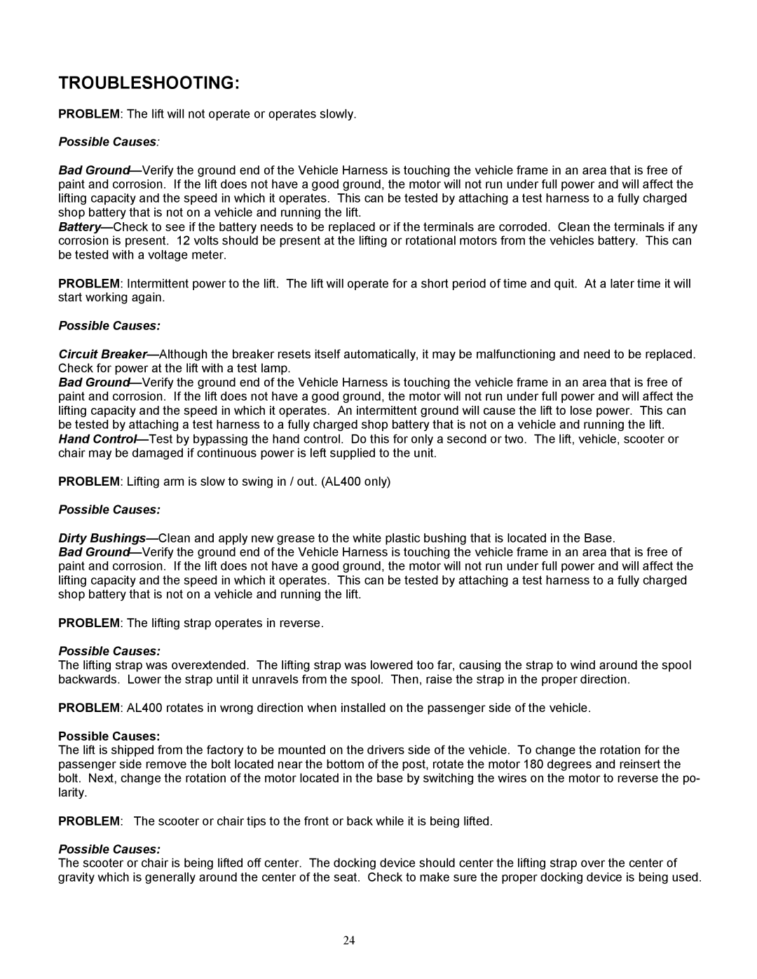 Harmar Mobility AL400, AL055, AL200 manual Troubleshooting, Possible Causes 