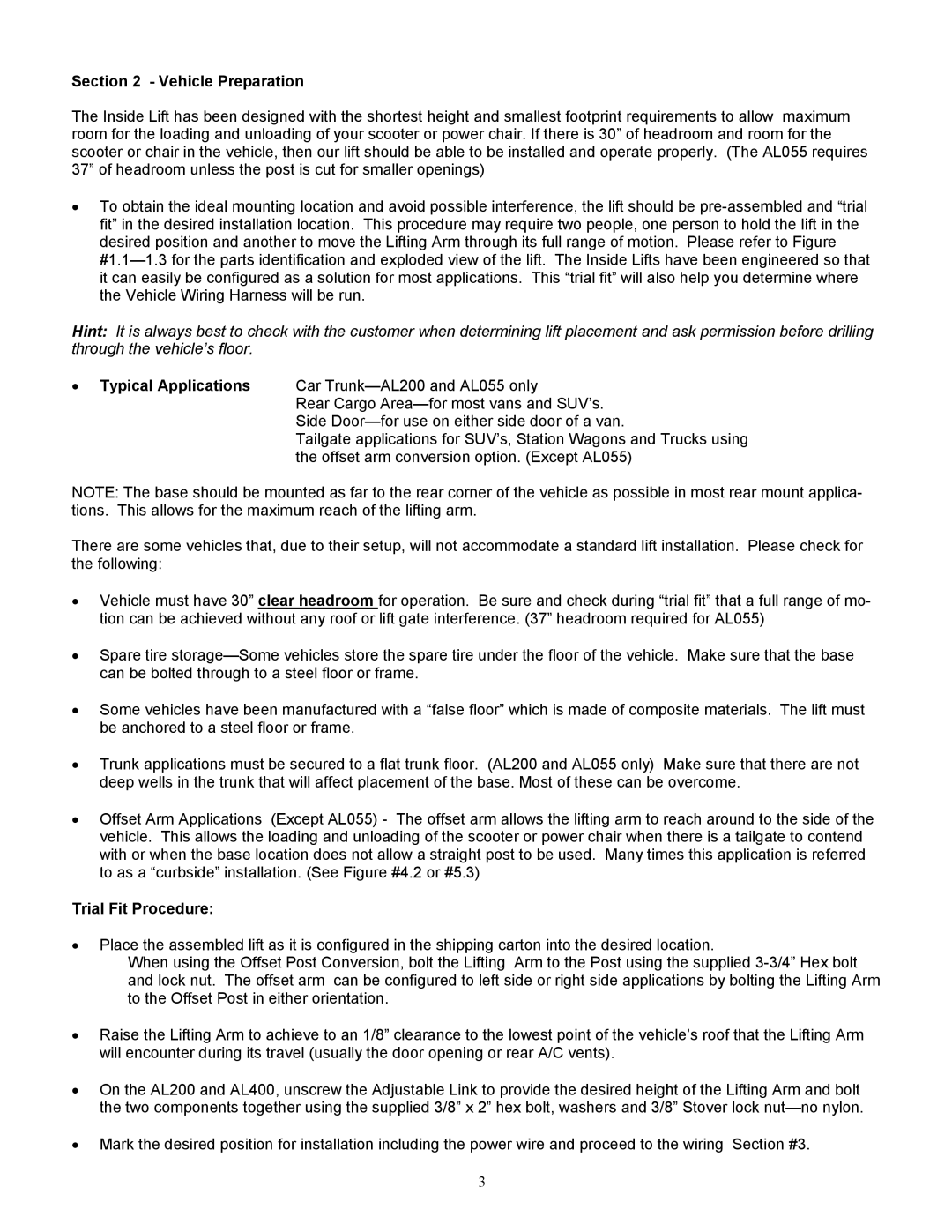 Harmar Mobility AL400, AL055, AL200 manual Vehicle Preparation, Trial Fit Procedure 
