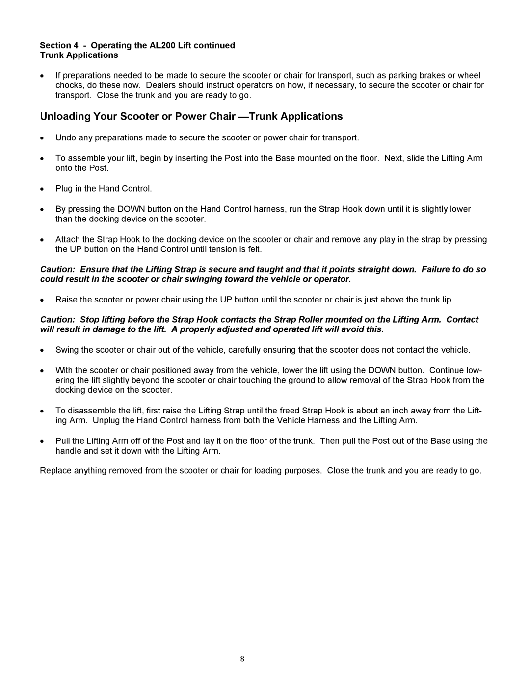 Harmar Mobility AL200, AL400, AL055 manual Unloading Your Scooter or Power Chair -Trunk Applications 