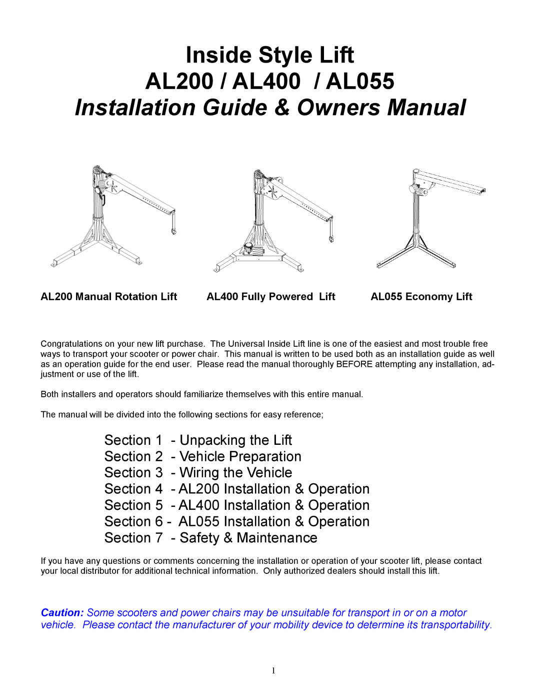 Harmar Mobility manual AL200 Manual Rotation Lift, AL400 Fully Powered Lift, AL055 Economy Lift, Wiring the Vehicle 