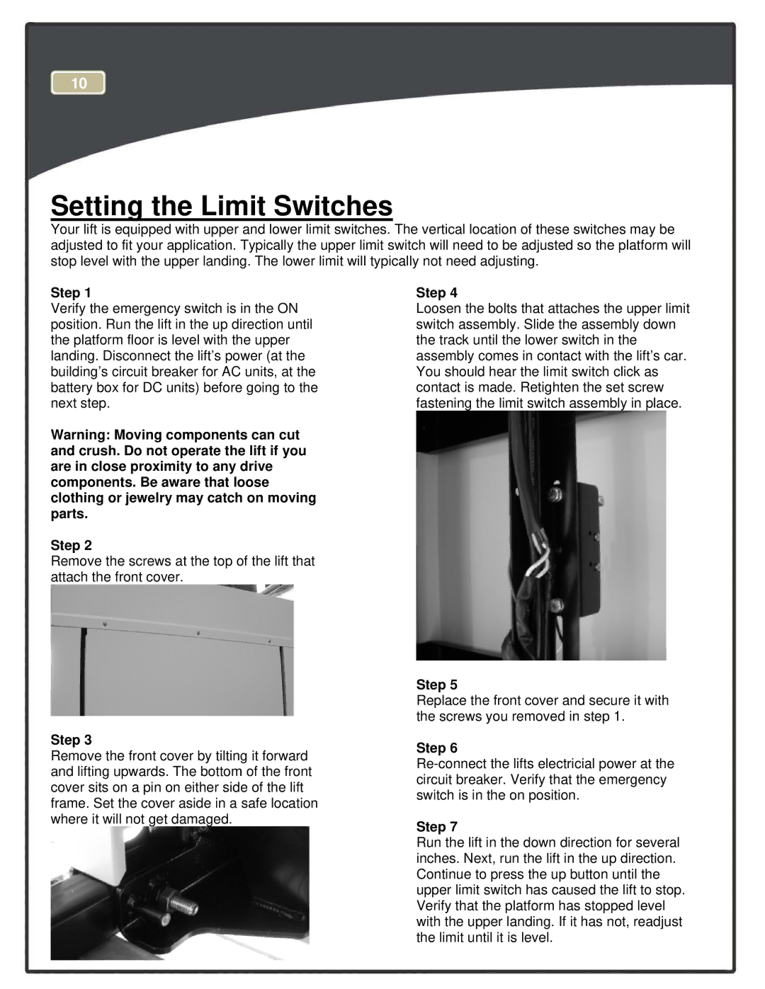 Harmar Mobility CPL1200, CPL600, CPL1400, CPL1000, CPL400, CPL800 manual Setting the Limit Switches 